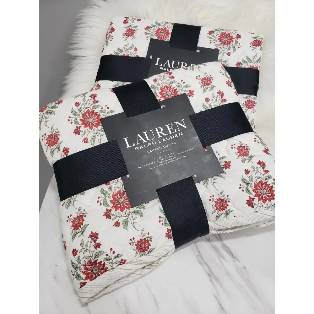 NEW LOT 2 Ralph Lauren Pillow Sham King Quilted Maren Cotton Red White Floral